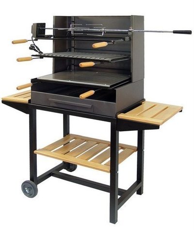  BARBACOA C/RUEDAS PARRILLA/PLANCHA INOX BA. DE MADERA Y KIT POLLO