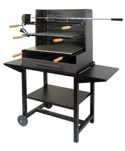 Ruedas, Parrilla y Plancha Inox, Bandeja DE CHAPA y kit Pollo  120X80X106 CM