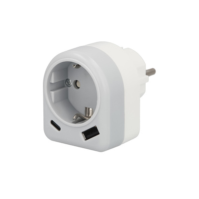 ADAPTADOR / ENCHUFE SCHUKO CON 2 TOMAS, USB A Y USB 