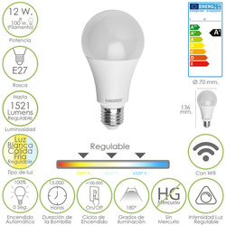19071400 Bombilla Led Wifi E27 12 W = 100 W. 1521 Lumen Máx. Luz Calida / Fria / Blanca Regulable.